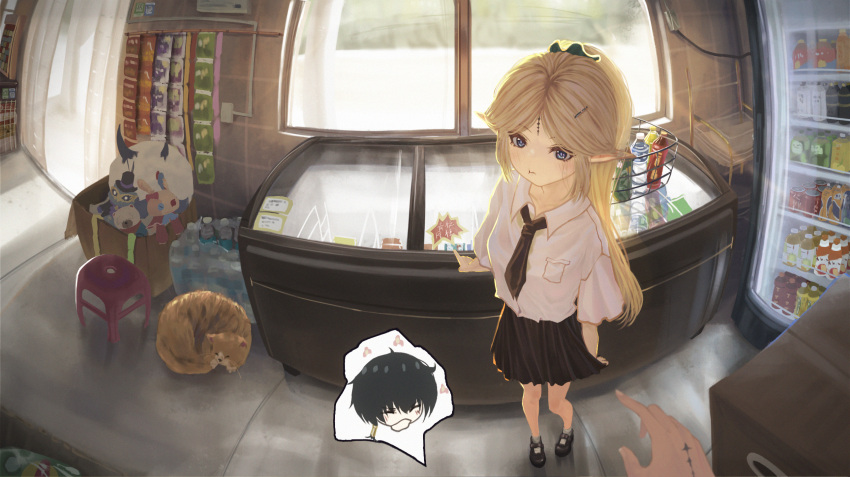 1boy, 1girl, black_dress, black_necktie, black_shoes, blonde_hair, blue_eyes, blush