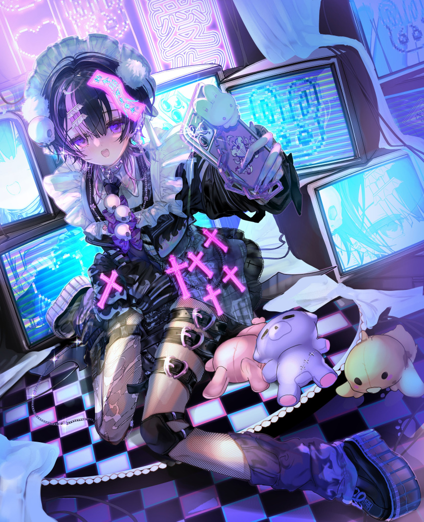 1girl, absurdres, abyss_ariel, black_hair, cross, ear_piercing, fang, frills, highres, holding, jewelry, long_sleeves, looking_at_viewer, maid_headdress, male_focus, multicolored_hair, open_mouth, original, otoko_no_ko, piercing, purple_hair, sitting, solo, stuffed_animal, stuffed_toy, teddy_bear, torn_clothes, violet_eyes