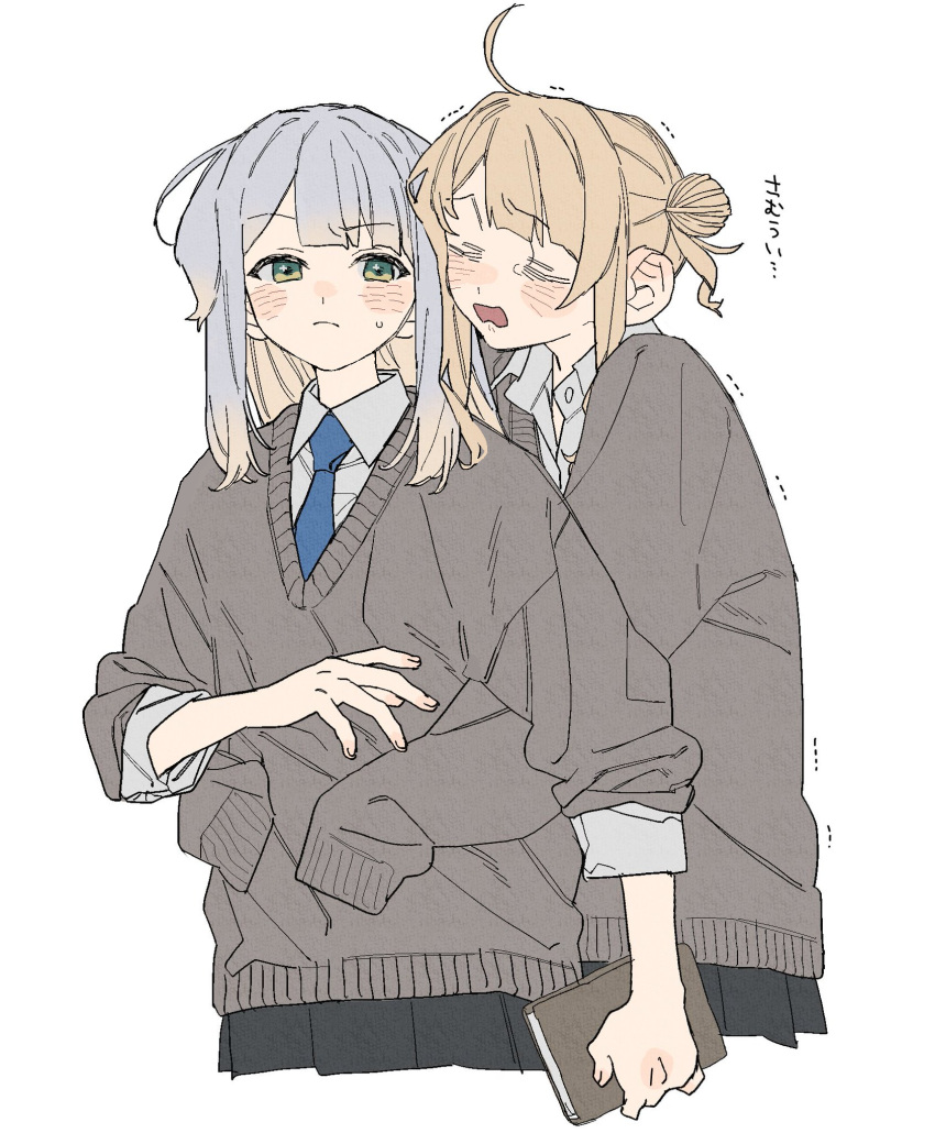 2girls, ahoge, animal_ears, blonde_hair, blue_necktie, blush, book, cardigan