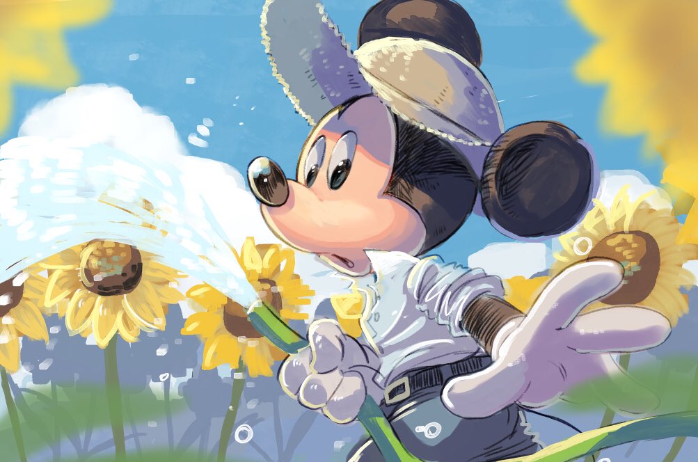 1boy, alternate_costume, animal_ears, belt, disney, field, flower, flower_field, gloves, holding, holding_hose, hose, looking_at_viewer, mickey_mouse, mickey_mouse_&amp;_friends, mouse_boy, mouse_ears, natsuki_nori, open_mouth, pants, shirt, solo, sunflower, sunflower_field, tail, water