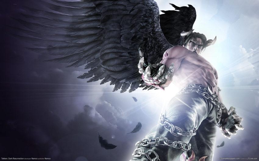 angry, black_hair, chain, claws, clouds, devil, devil_jin, feather