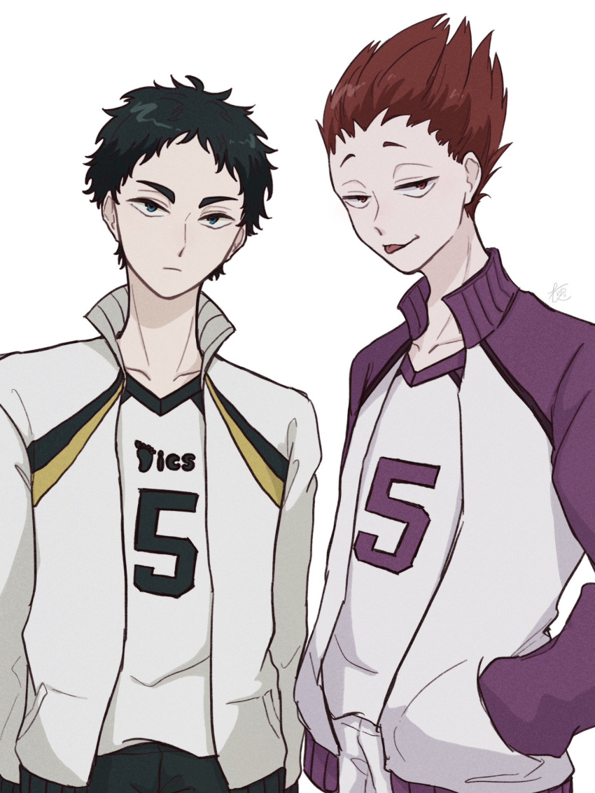 2boys, akaashi_keiji, black_eyes, black_hair, black_pants, closed_mouth, collarbone, collared_jacket