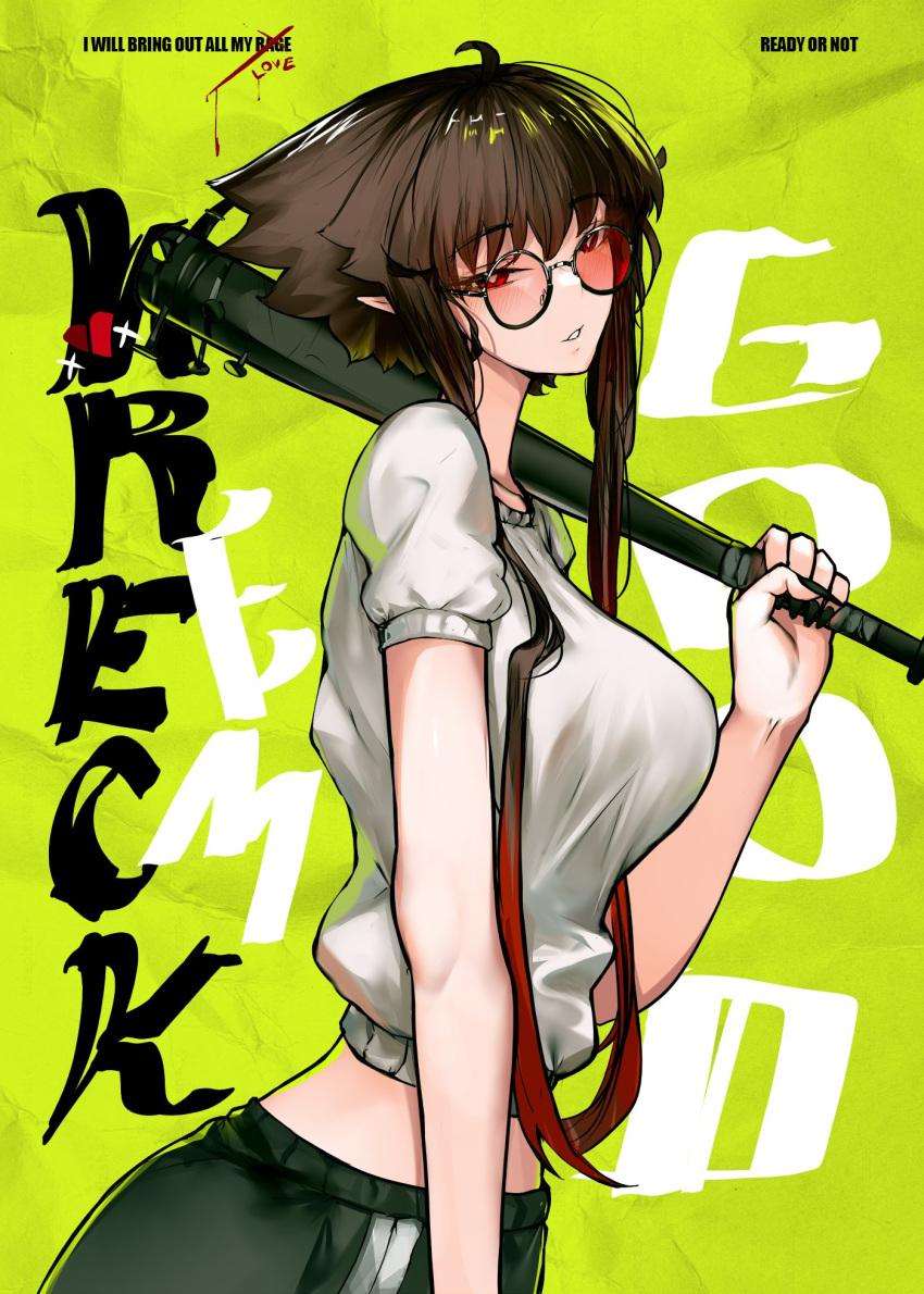 1girl, baseball_bat, breasts, brown_hair, colored_tips, copyright_name, from_side, glasses, gradient_hair, green_background, green_pants, highres, holding, holding_baseball_bat, large_breasts, liz_(nin_fake), looking_at_viewer, looking_over_eyewear, midriff, multicolored_hair, nail_(hardware), nail_bat, nin_fake, pants, parted_lips, pointy_ears, ready_or_not, red-tinted_eyewear, red_eyes, red_hair, round_eyewear, shirt, short_hair_with_long_locks, short_sleeves, sidelocks, solo, sunglasses, sweater, tinted_eyewear, two-tone_hair, weapon, white_shirt