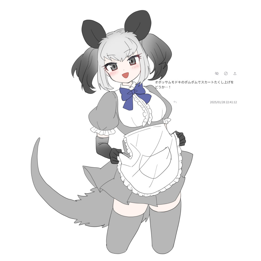 1girl, apron, black_hair, blue_bow, blue_bowtie, blush, bow, bowtie