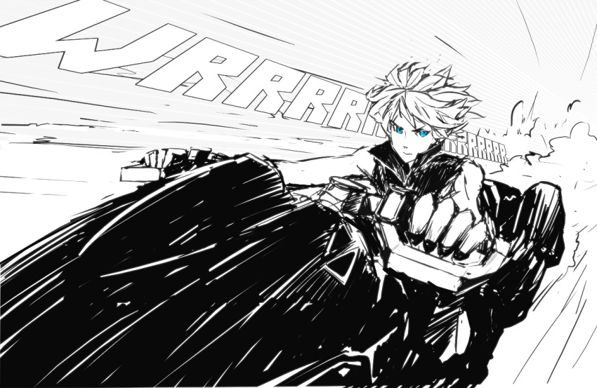 arsenixc, blue_eyes, cloud_strife, fenrir_(vehicle), final_fantasy, final_fantasy_vii, final_fantasy_vii_advent_children, foreshortening