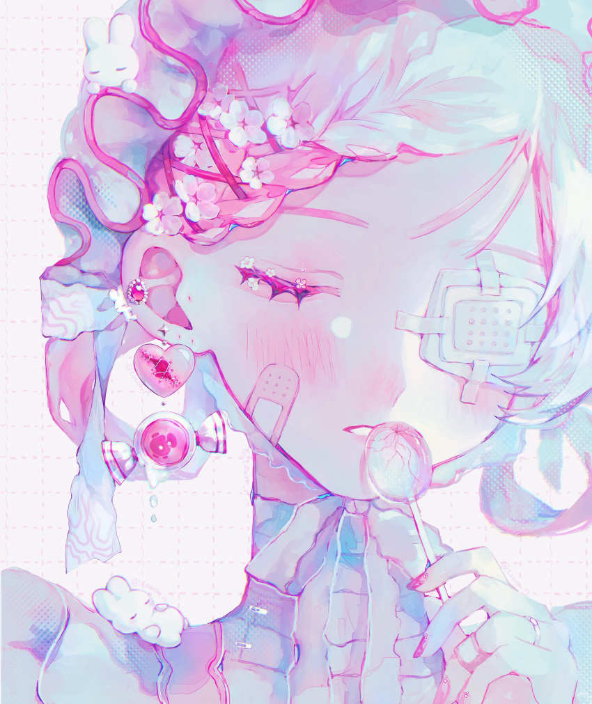1girl, absurdres, bandages, bandaid, bandaid_on_face, bandaid_on_hand, blush, candy