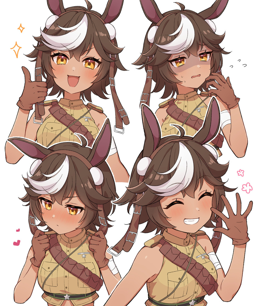 1girl, absurdres, animal_ears, belt, blush, breast_pocket, brown_belt, brown_eyes, brown_gloves, brown_hair, brown_shirt, closed_mouth, commission, cropped_shirt, dot_nose, embarrassed, english_commentary, flying_sweatdrops, gloves, hayamaro65, heart, highres, horse_ears, horse_girl, medium_hair, multicolored_hair, nervous_sweating, open_mouth, partially_shaded_face, pocket, scared, shirt, simple_background, skeb_commission, sleeveless, sleeveless_shirt, smile, sparkle, sweat, teeth, thumbs_up, tomoe_umari, tomoe_umari_(1st_costume), v-dere, virtual_youtuber, white_background, white_hair