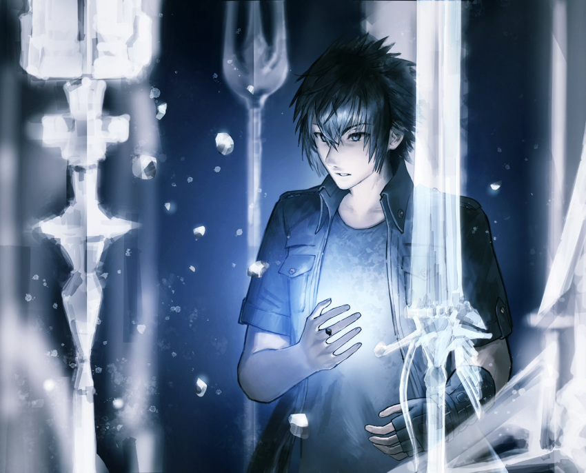 1boy, asina71, black_hair, black_jacket, black_shirt, final_fantasy, final_fantasy_xv, glowing