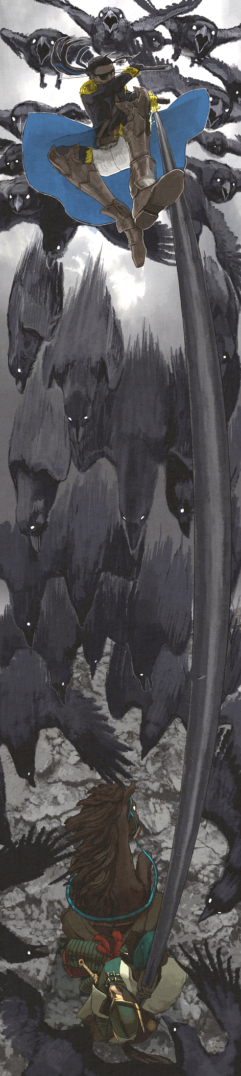 battle, boots, cape, eyepatch, frostheim, furumi_shouichi, helmet, highres, horse, jumping, knee_boots, long_image, male, pixiv_fantasia, pixiv_fantasia_5, polearm, raven, raven_(animal), sword, tall_image, weapon