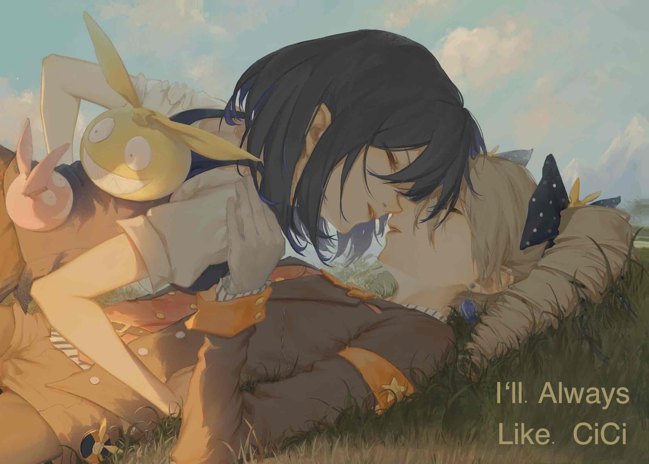 2girls, blue_sky, blue_vest, bow, bronya_zaychik, bronya_zaychik_(wolf's_dawn), brown_jacket, closed_eyes