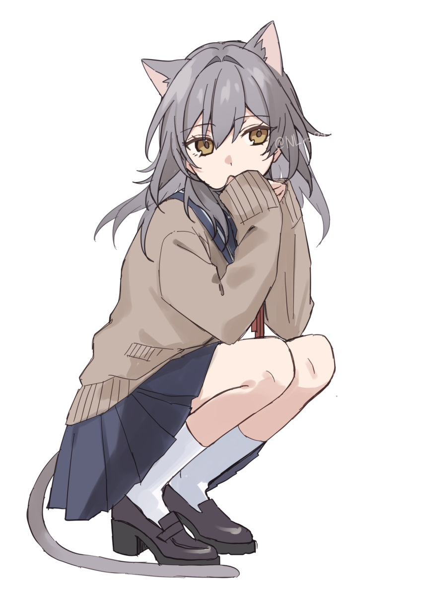 1girl, alternate_costume, animal_ears, artist_name, black_shirt, black_shoes, black_skirt, brown_eyes
