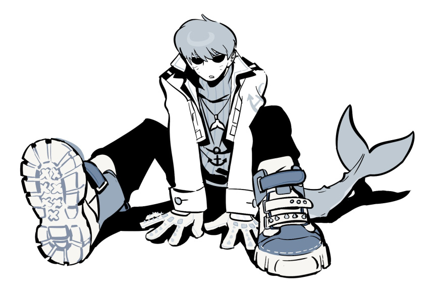 1boy, between_legs, cetacean_tail, commentary_request, cropped_jacket, fins, fish_tail, gloves