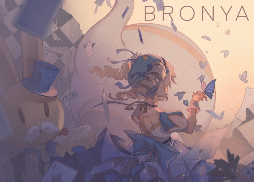 1girl, blue_bow, blue_butterfly, bow, bronya_zaychik, bug, butterfly, card