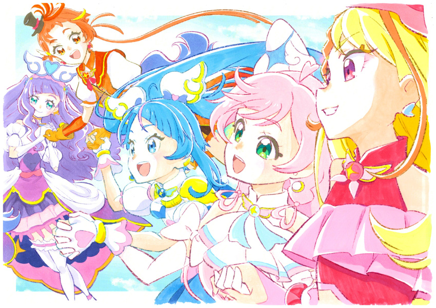 1boy, 4girls, absurdres, aqua_eyes, ascot, black_hat, blonde_hair, blue_dress