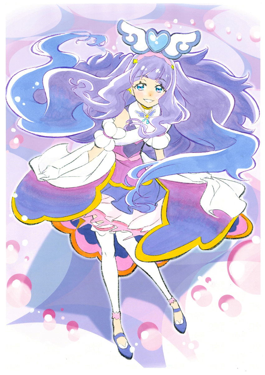 1girl, absurdres, aqua_eyes, brooch, clothing_cutout, commentary, cure_majesty, dress