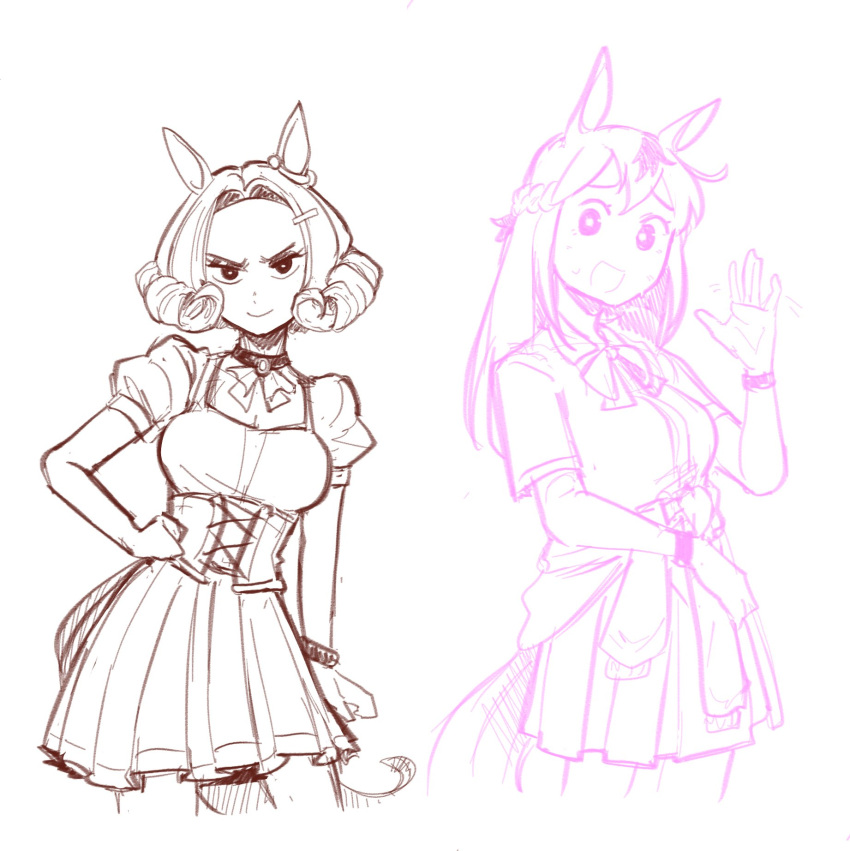 >:), 2girls, animal_ears, bow, choker, clothes_around_waist, confident, corset, door_knob_(horse_race_tests), highres, horse_ears, horse_race_tests, horse_tail, jacket, jacket_around_waist, looking_at_viewer, mir_(miryumiya), multiple_girls, pink_(horse_race_tests), puffy_short_sleeves, puffy_sleeves, short_sleeves, sketch, skirt, smile, sweat, tail, v-shaped_eyebrows, waving