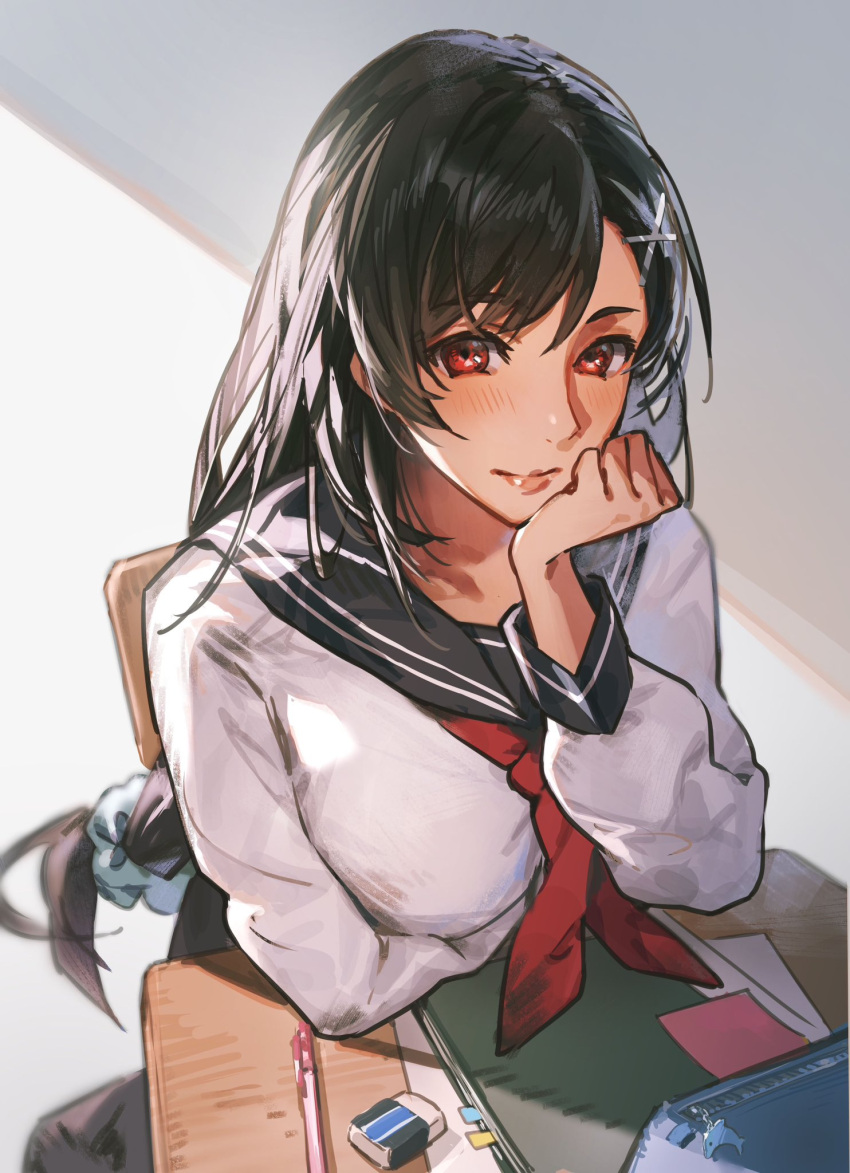 1girl, arm_under_breasts, asina71, black_hair, black_sailor_collar, black_skirt, blush, breasts