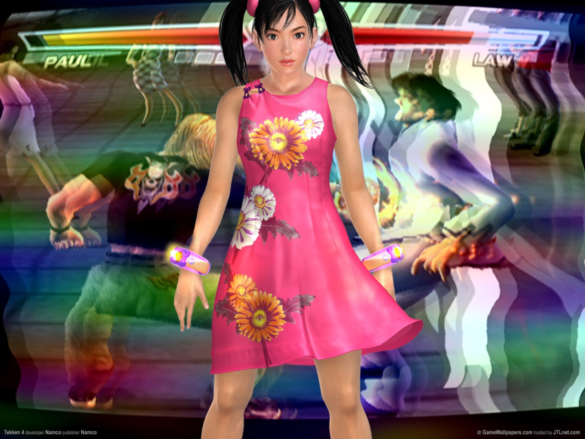 black_hair, blonde_hair, dress, fight, flower, ling_xiaoyu, long_hair, namco, paul, ponytail, realistic, screen, short_hair, tekken, tekken_4, tekken_5, twintails, wallpaper
