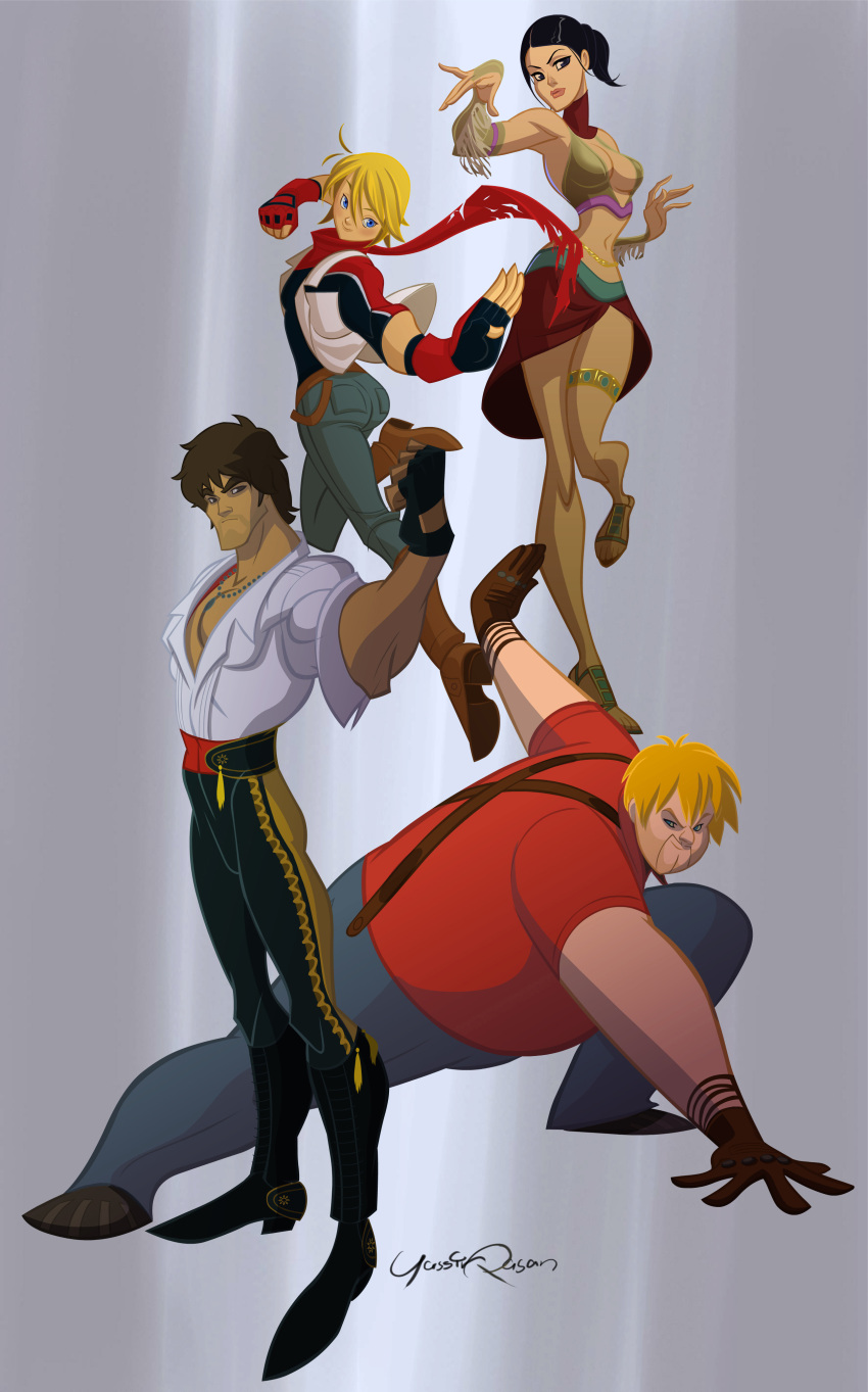 black_eyes, black_hair, blonde_hair, blue_eyes, blush, bob, boots, brown_eyes