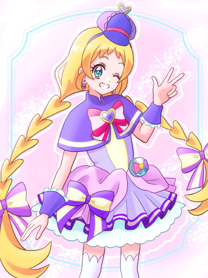 1girl, ;d, benikoya, blonde_hair, blue_eyes, bow, bow_earrings, braid