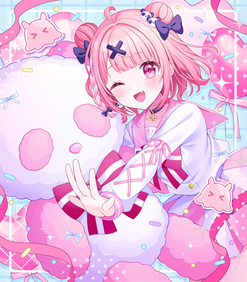 1girl, ;d, absurdres, ahoge, balloon, black_bow, black_choker, blue_background