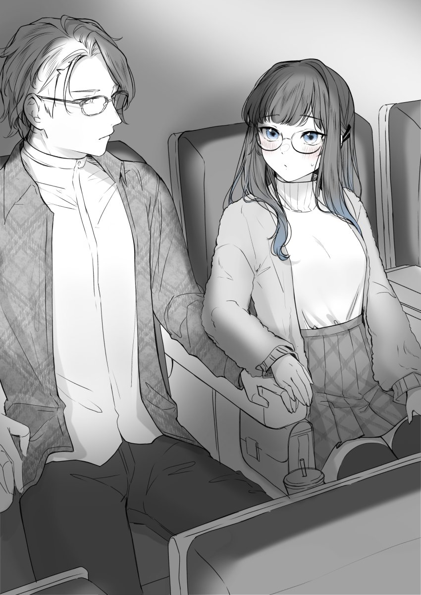 1boy, 1girl, bag, bespectacled, blue_eyes, blue_hair, cardigan, carrot_(robosquat)