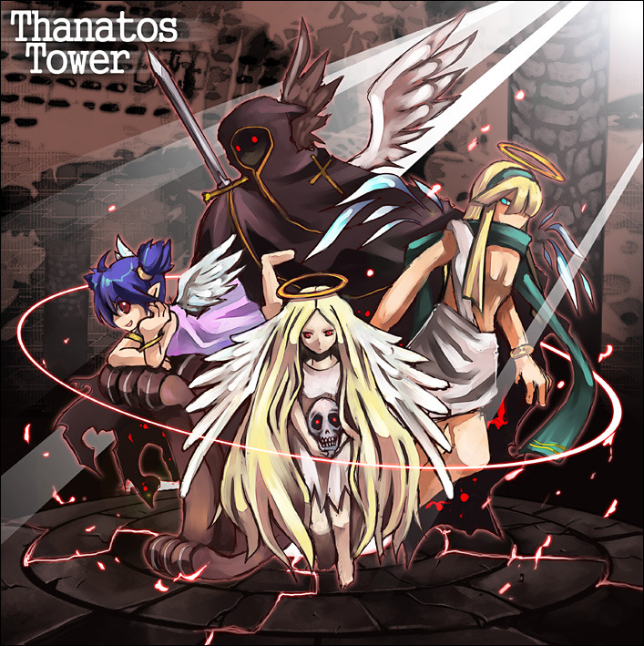 1boy, 3girls, ahoge, angel, barefoot, baroness_of_retribution, black_cloak, blonde_hair
