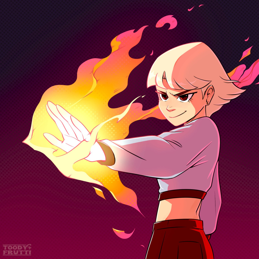 1girl, blonde_hair, brown_eyes, earrings, fire, gradient_background, highres, jentry_chau