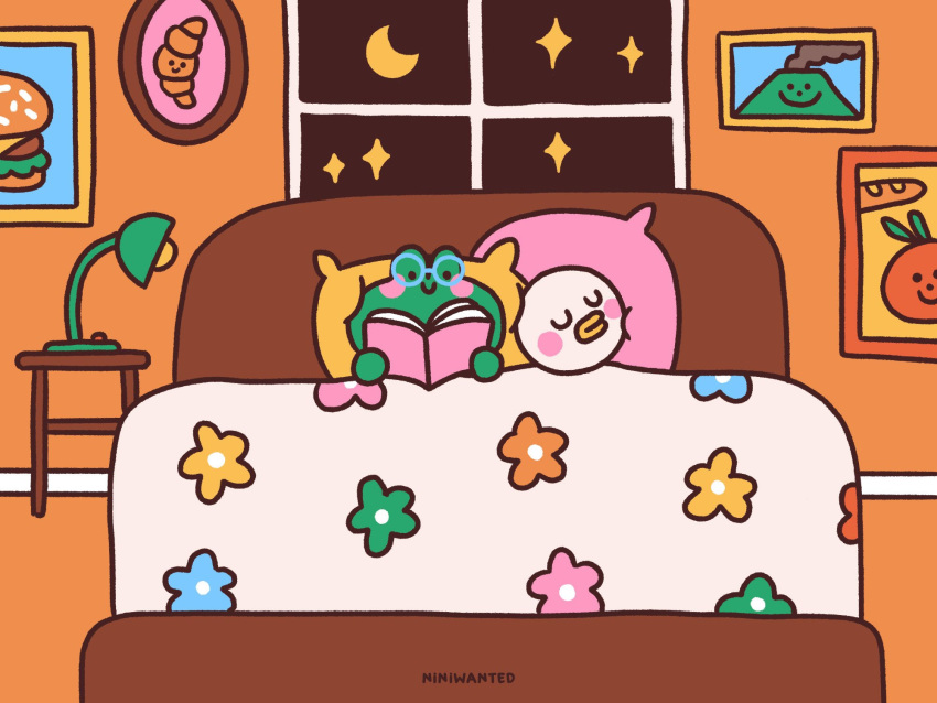 artist_name, bed, bedroom, bird, book, crescent_moon, duck, floral_print, flower, frog, glasses, highres, interior, lamp, moon, night, night_sky, niniwanted, open_book, original, picture_frame, pillow, reading, sky, sleeping, smile, star_(sky), table, window