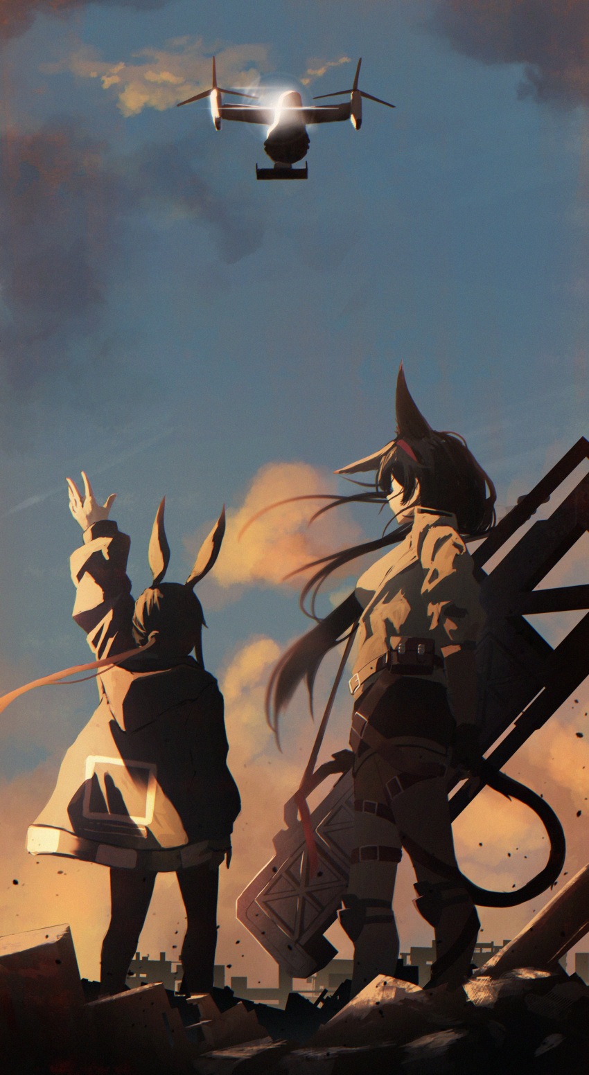 2girls, absurdres, amiya_(arknights), animal_ears, arknights, bodysuit, character_request, chromatic_aberration, clouds, cloudy_sky, commentary_request, full_body, hand_up, highres, holding, holding_weapon, jacket, long_hair, looking_at_another, multiple_girls, parka, portrait, shikyou_yoru, sky, tagme, weapon