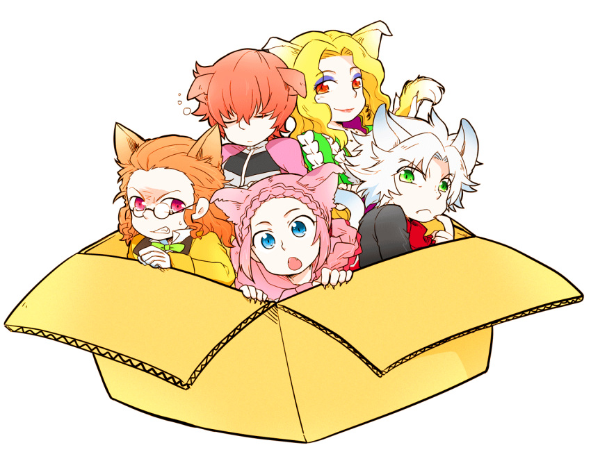 1girl, 4boys, angry, animal_ears, ascot, black_shirt, blonde_hair, blue_eyes, blue_eyeshadow, bow, bowtie, box, braid, cat_ears, cat_teaser, classicaloid, claws, closed_eyes, closed_mouth, eyeshadow, fang, franz_liszt_(classicaloid), franz_schubert_(classicaloid), frederic_chopin_(classicaloid), glasses, green_bow, green_bowtie, green_shirt, grimace, hair_between_eyes, in_box, in_container, kemonomimi_mode, ludwig_van_beethoven_(classicaloid), makeup, multiple_boys, pink_hair, red_ascot, rikka_(web), shirt, simple_background, slit_pupils, smile, squeans, white_background, white_hair, wolfgang_amadeus_mozart_(classicaloid)