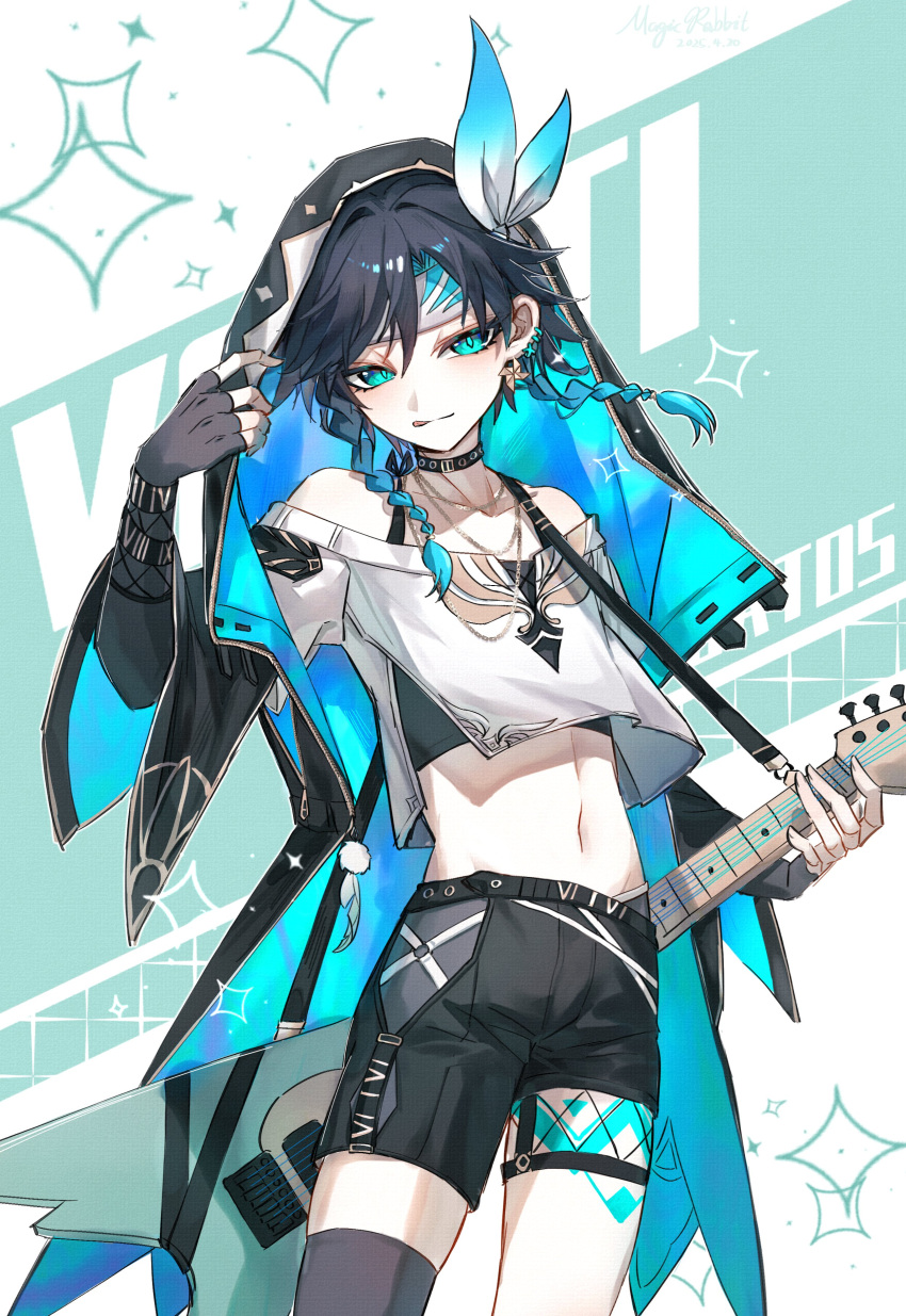 1boy, :d, absurdres, bass_guitar, black_choker, black_gloves, black_hair, black_jacket