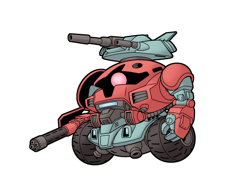 gatling_gun, gigan_(gundam), gun, gundam, gundam_msv, nekoguruma, simple_background, solo, tire, weapon, wheel