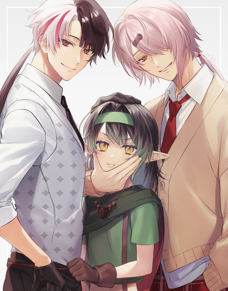 3boys, acorn, aged_down, black_gloves, black_hair, black_necktie, black_pants, brown_cardigan