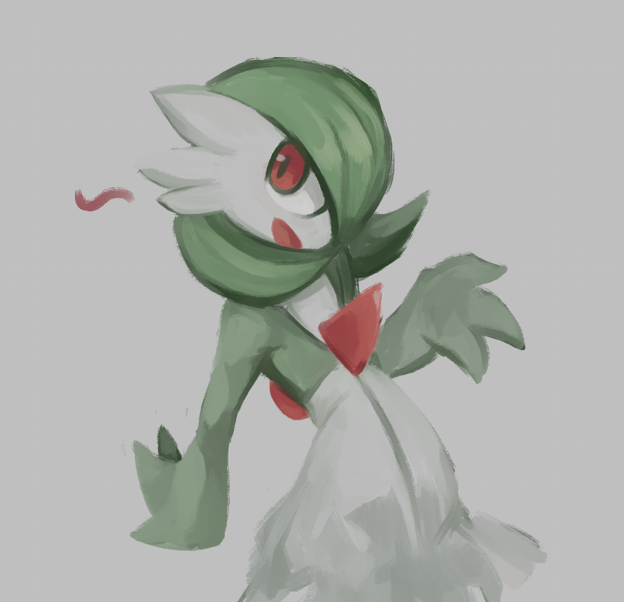 bob_cut, colored_skin, dress, gardevoir, green_hair, green_skin, grey_background, looking_at_viewer, multicolored_skin, open_mouth, pink_eyes, pokemon, pokemon_(creature), purnya2, simple_background, smile, two-tone_skin, white_dress, white_skin