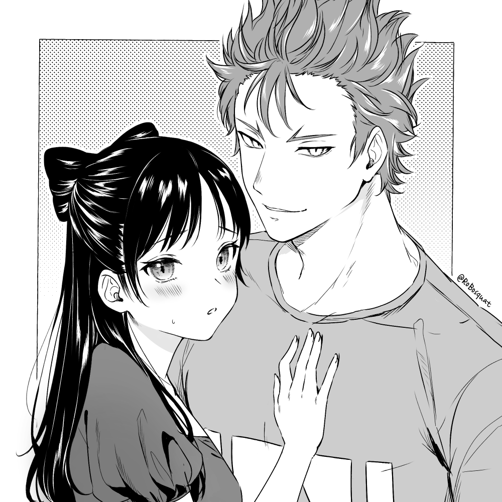1boy, 1girl, blush, bow-shaped_hair, carrot_(robosquat), clothes_writing, commentary_request, greyscale