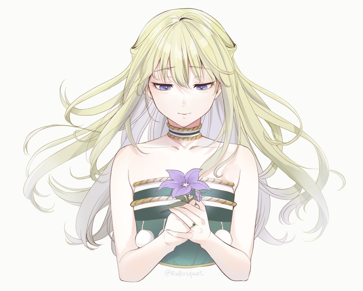 1girl, bare_shoulders, blonde_hair, carrot_(robosquat), choker, collarbone, colored_inner_hair, commentary_request