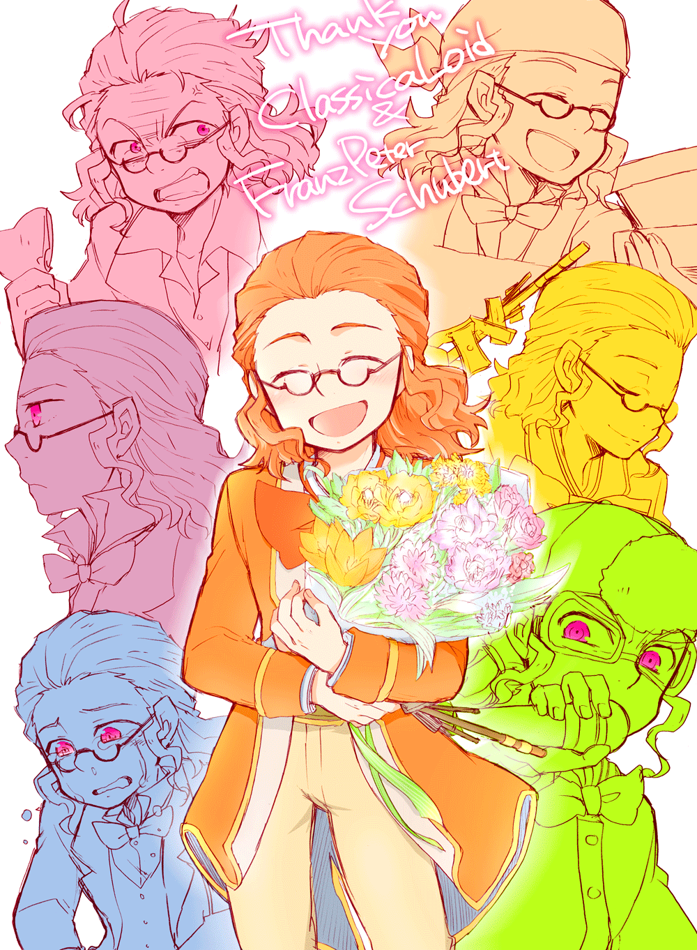 1boy, angry, bouquet, bow, brown_pants, character_name, classicaloid, coat