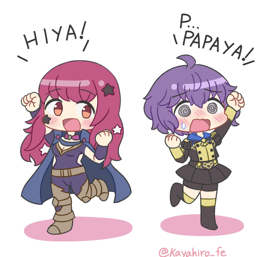 2girls, @_@, ahoge, bernadetta_von_varley, bodysuit, fire_emblem, fire_emblem:_three_houses, fire_emblem_engage