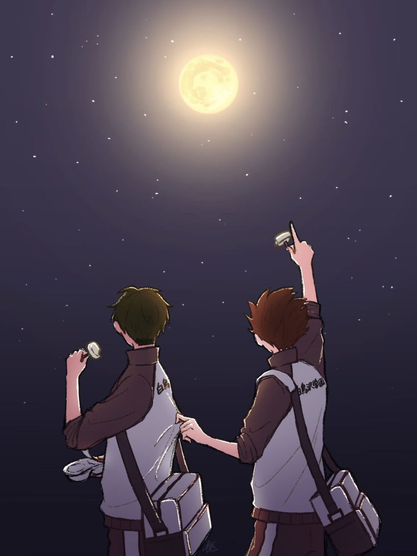 2boys, arm_up, bag, brown_hair, clothes_grab, collared_jacket, commentary, empty_food_container