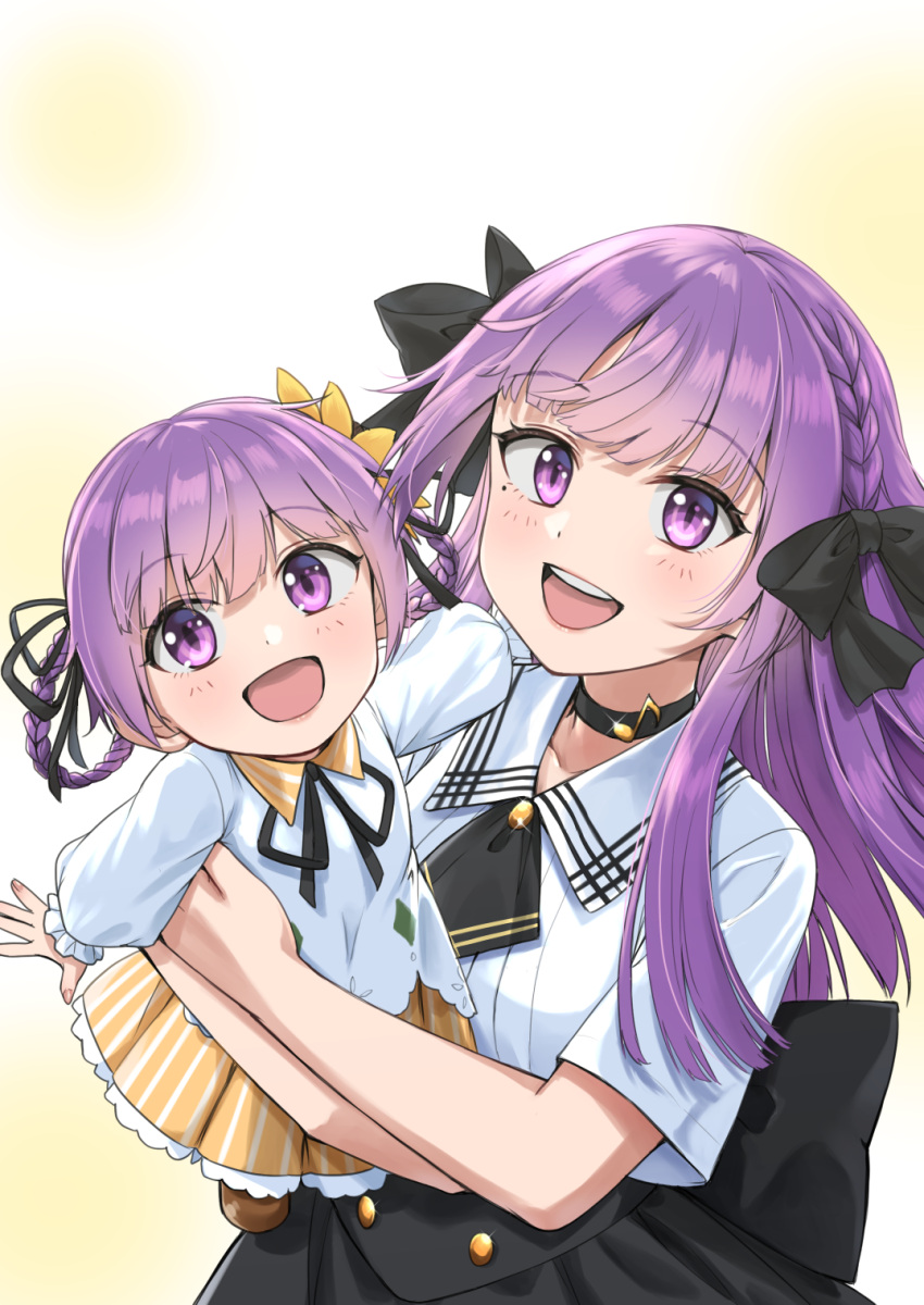 2girls, black_bow, black_choker, black_skirt, bow, choker, collared_shirt, commentary_request