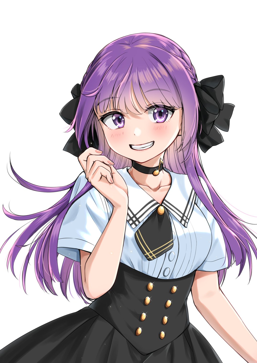 1girl, black_bow, black_choker, black_skirt, bow, choker, collared_shirt, hair_bow