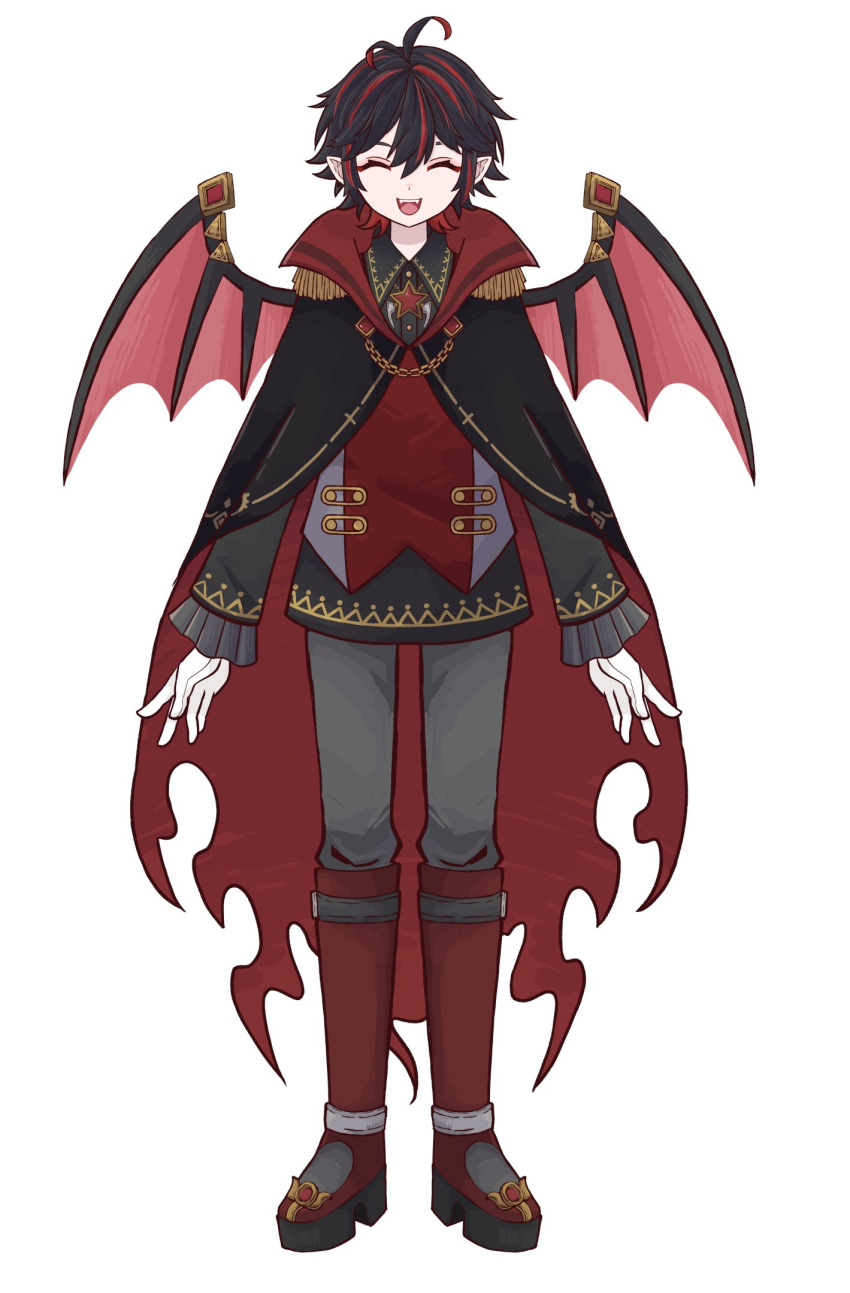 1boy, bat_wings, black_hair, bloomminority, blue_eyes, boots, buckle, chain