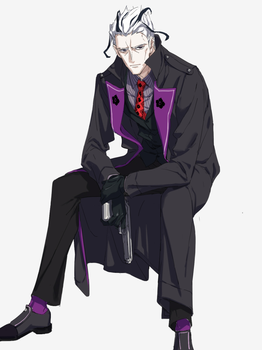 1boy, akechi_mitsuhide_(fate), arms_on_knees, black_gloves, black_hair, black_jacket, black_pants, black_vest