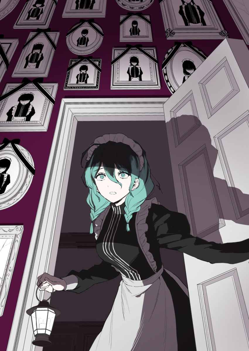 1girl, alternate_costume, alternate_hair_color, alternate_hairstyle, apron, aqua_eyes, aqua_hair, black_dress, black_hair, braid, breasts, commentary_request, cowboy_shot, dress, gradient_hair, hair_between_eyes, hair_over_shoulder, hatsune_miku, highres, holding, holding_lantern, indoors, juliet_sleeves, lantern, long_hair, long_sleeves, looking_at_viewer, low_twin_braids, maid, maid_apron, maid_headdress, medium_breasts, multicolored_hair, open_mouth, opening_door, portrait_(object), puffy_sleeves, saji_no_majinai_(vocaloid), shadow, solo, standing, twin_braids, ucmr_thor, vocaloid, waist_apron, white_apron, wide-eyed