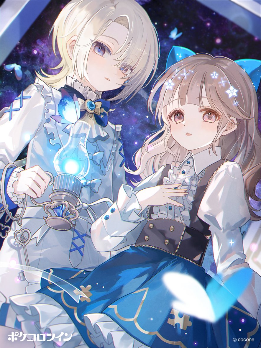 2girls, blonde_hair, blue_eyes, bow, bow_on_head, bowtie, brown_eyes, brown_hair