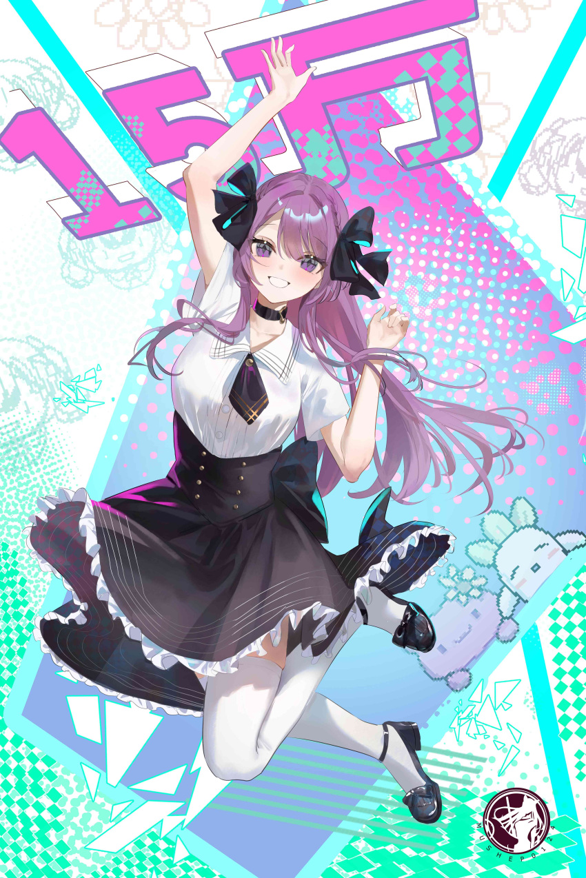 1girl, abroccoli, absurdres, arm_up, black_bow, black_choker, black_shoes, black_skirt