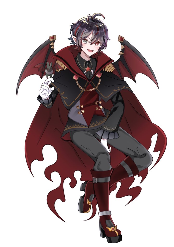 1boy, bat_wings, black_hair, boots, chain, cloak, collared_shirt, epaulettes, full_body, gloves, grey_eyes, heterochromia, indie_virtual_youtuber, long_sleeves, pants, platform_boots, pointy_ears, red_eyes, red_highlight, seno_ruki, shirt, white_background, wings