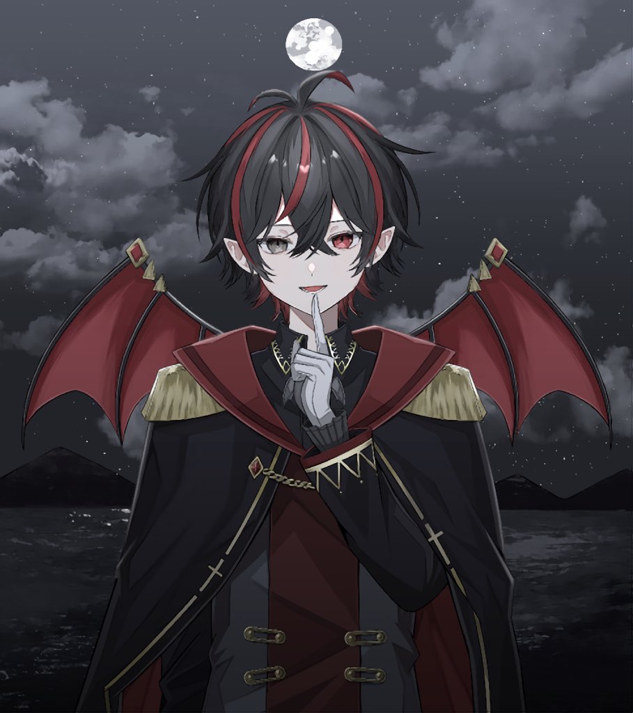 1boy, bat_wings, black_hair, chain, cloak, clouds, digital_art, epaulettes