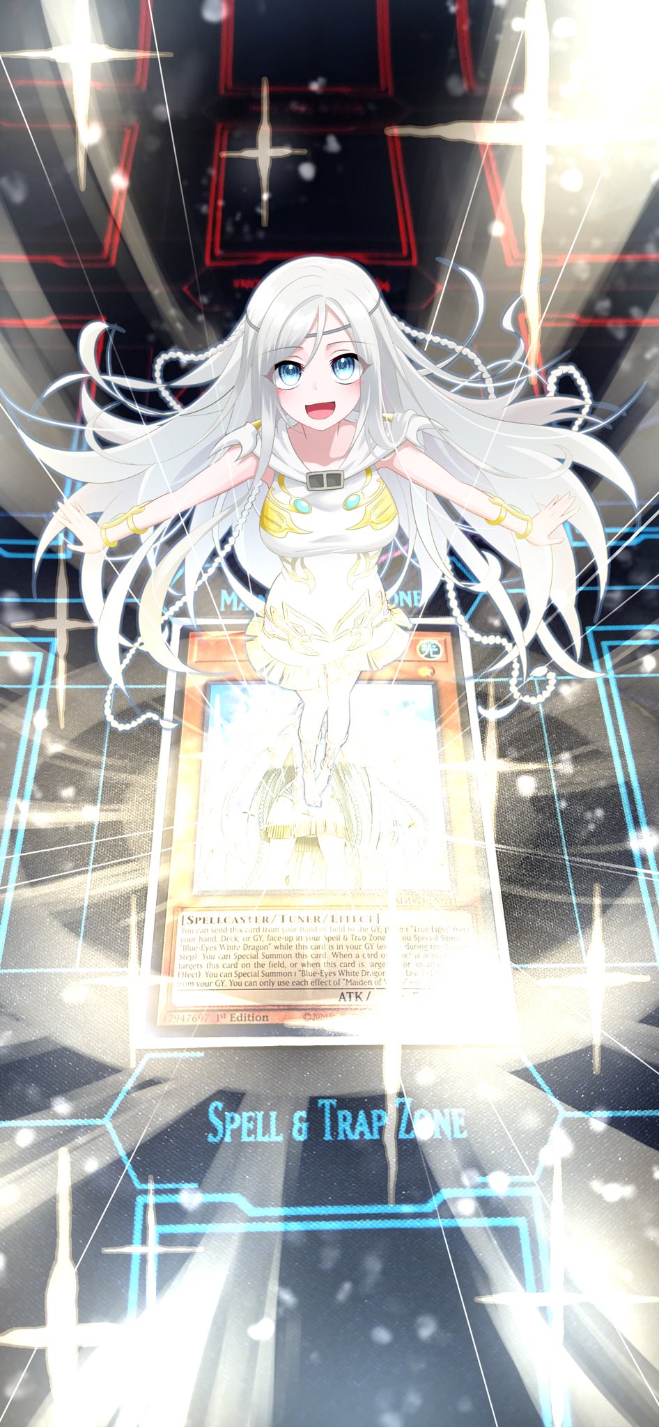 1girl, blue_eyes, breasts, dress, duel_monster, full_body, glowing, grey_hair